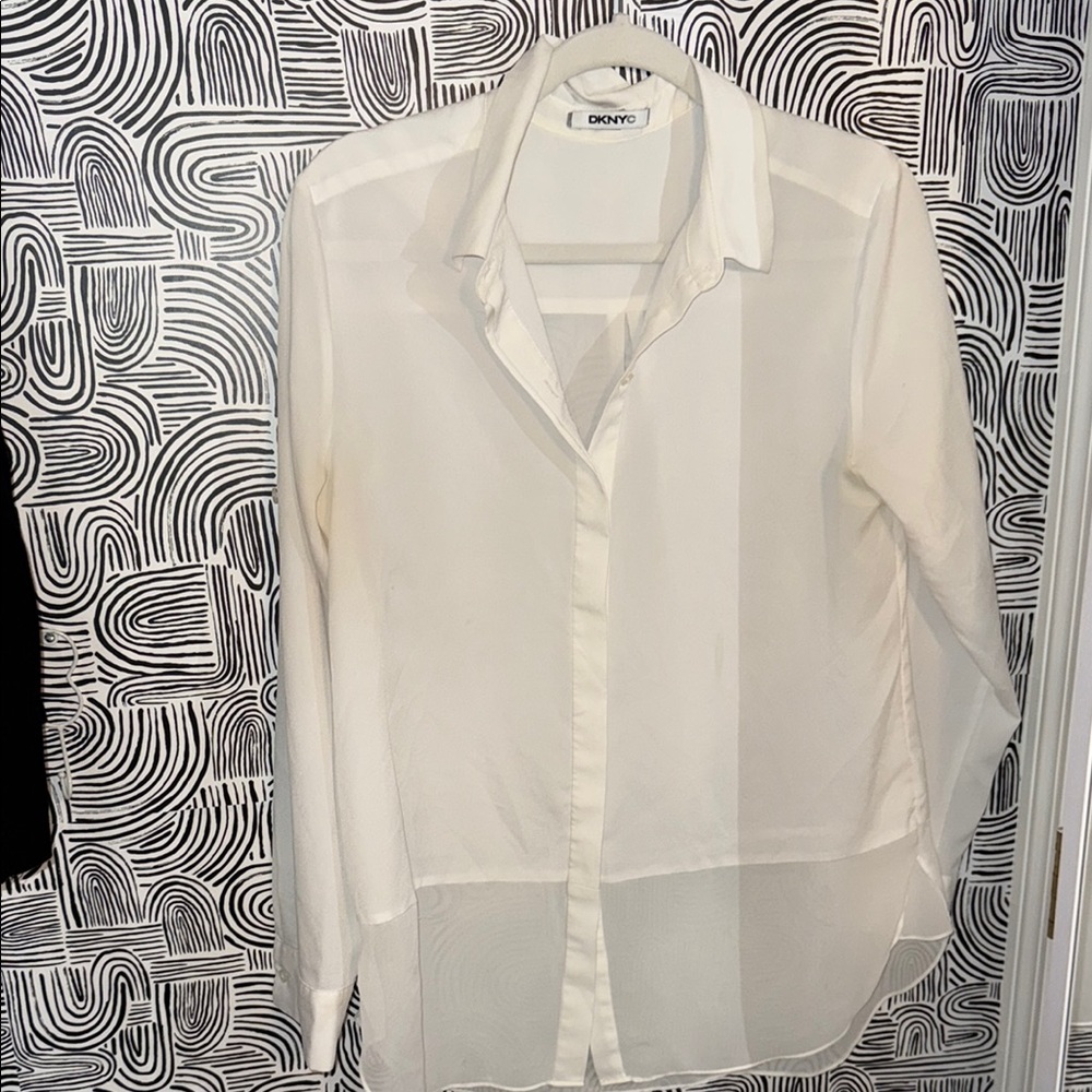 DKNY Cream Button Down Blouse with Dress Shirt Collar